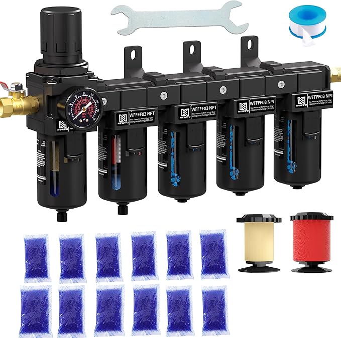 NEWPO 3/8" NPT 5 Stage Air Dryer for Compressor,Air Pressure Regulator with 5＆0.01 Micron Filter Cartridge,Triple Desiccant Dryer & Air Drying System,Semi-Auto Drain (Black)