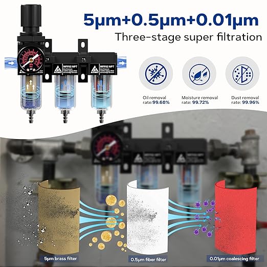 3 Stage Air Dryer 1/4" NPT,Air Dryer System Air Compressor Filter Dryer,5 &0.5 &0.01 Micron Filter Cartridge,Semi-Auto Drain, Metal Bracket-Blue