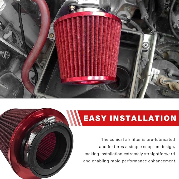 Sun Walker Clamp-on Air Intake Filter, 3/3.5/4 Inch High Flow Round Tapered Air Filter for Enhanced Engine Power, Washable & Reusable Cone Filters Replacement for Car Truck Motorcycle (Red)
