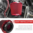 Sun Walker Clamp-on Air Intake Filter, 3/3.5/4 Inch High Flow Round Tapered Air Filter for Enhanced Engine Power, Washable & Reusable Cone Filters Replacement for Car Truck Motorcycle (Red)