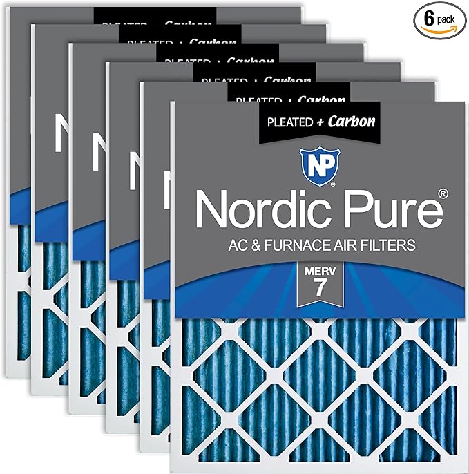 Nordic Pure 12x20x1 (Actual Size: 11 1/2 x 19 1/2 x 3/4) Pleated Air Filters MERV 7 Plus Carbon 6 Pack