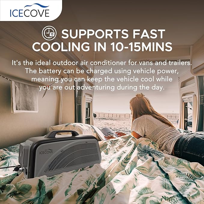 IceCove Portable Air Conditioner with Add-on Battery, 2500BTU Portable Car AC Unit, 250W Low Power Consumption, 25.5VDC, 2 Fan Speed, 3 Light Mode for Tent Camping RV Truck Van Life Home, Gray