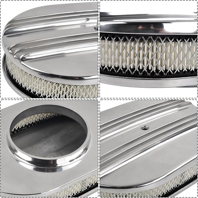 12" Air Cleaner Kit Polished Aluminum Oval Half Finned Compatible with Classic Chevy Ford SBC 350