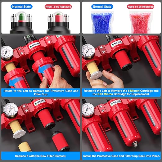 TAILONZ PNEUMATIC 0-150PSI 3/8 Inch NPT Aluminum Alloy Industrial Grade Three Stage Air Drying System, Particulate Filter, Coalescing Filter, Desiccant Dryer and Air Regulator (Manual Drainage)