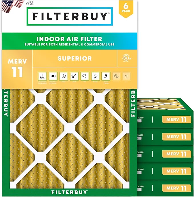 Filterbuy 24x25x2 Air Filter MERV 11 Superior Pet & Allergy Defense (6-Pack), Electrostatic Pleated HVAC AC Furnace Filters Replacement, Made in USA (Actual Size: 23.50 x 24.50 x 1.75)