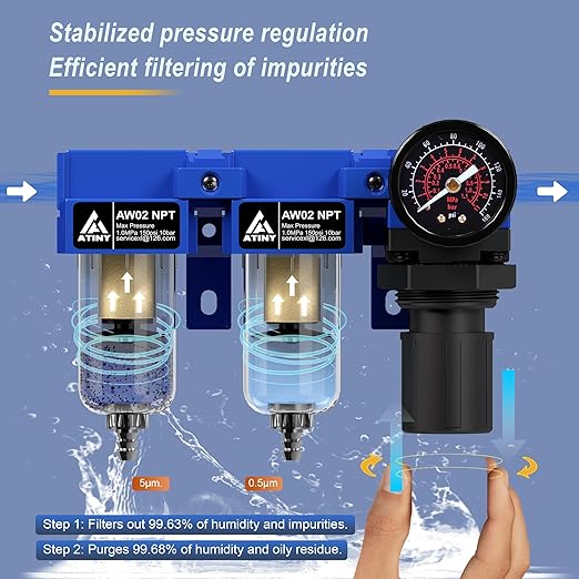 1/4" NPT Compressed air Dryer,Air Pressure Regulator Filter Combo,Air Compressor Filter Dryer,5 and 5 Micron Filter Cartridge,Semi-Auto Drain, Metal Bracket-Blue
