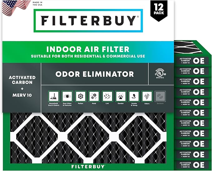 Filterbuy 12x12x1 Air Filter MERV 10 Odor & Allergy Defense with Activated Carbon (12-Pack), Electrostatic Pleated HVAC AC Furnace Filters Replacement, Made in USA (Actual Size: 11.75 x 11.75 x 0.75)