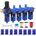 3/8'' NPT 5 Stage Air Drying System,5 &0.5 &0.01 Micron Filter Cartridge,Double Desiccant Dryers & Air Regulator,Metal Bowl, Semi-Auto Drain,Industrial Grade-Blue