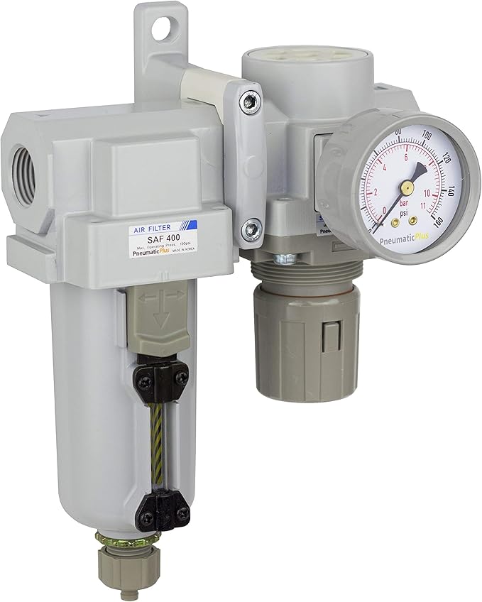 PneumaticPlus SAU420-N04G-MEP Compressed Air Filter Regulator Combo 1/2" NPT - Metal Bowl, Manual Drain, Bracket, Gauge