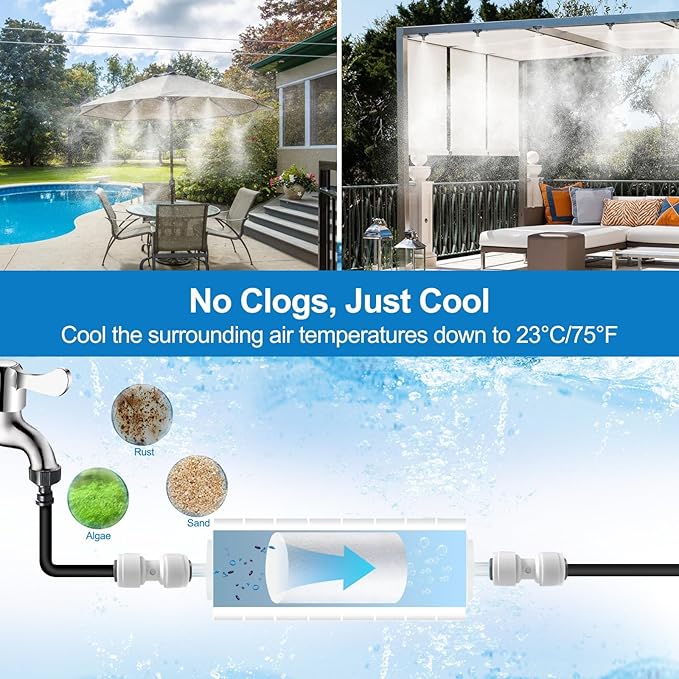 Misters for Outside Patio, Outdoor Water Misting Cooling System w Filter,99FT|30M. Backyard Mist Kit for Garden, Greenhouse, Fan,Deck,Umbrella,Canopy,Pool,Porch,Trampoline,Park,BBQ Party Accessories