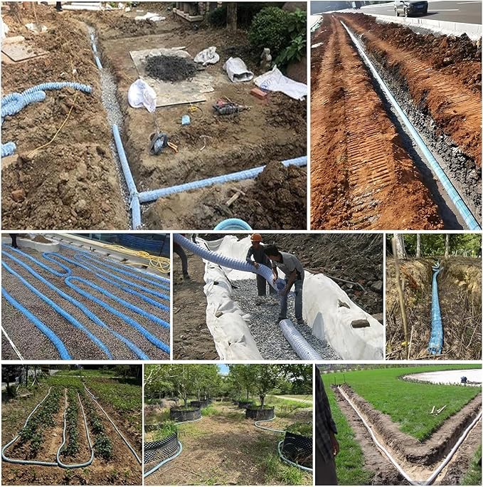 French Drain Pipe for Lawn, 2" 3" 4" 6" Corrugated Perforated Drains Pipes 3 5 12 25 50 100 Ft- Soil Infiltration Ground Water Drainage(Blue-Dia 15cm(5.9in),L 125ft)