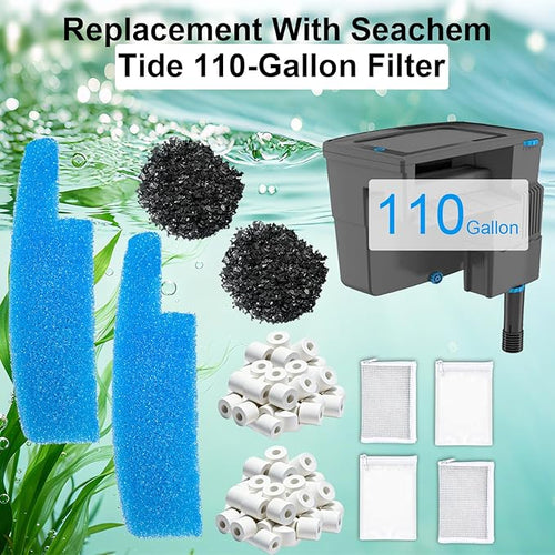10-Piece Filter Media Maintenance Kit Compatible with Seachem Tide 110 Gallon/400L Aquarium Fish Tank - Includes Blue Sponge, Carbon, Ceramic Rings & Mesh Bags