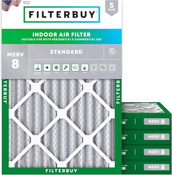 Filterbuy 24x30x2 Air Filter MERV 8 Essential Dust & Allergy Defense (5-Pack), Electrostatic Pleated HVAC AC Furnace Filters Replacement, Made in USA (Actual Size: 23.50 x 29.50 x 1.75)