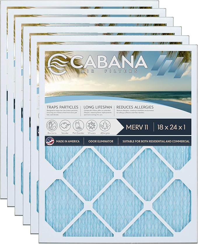 Cabana Filters 6-Pack 18x24x1 MERV 11 AC Furnace Air Filter for Home and Office - Indoor HVAC System Filtration Replacement, Captures Unwanted Particles