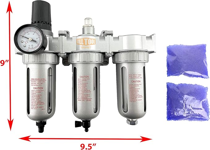 1/2" NPT Mid Flow Filter Regulator Coalescing Desiccant Dryer System For Compressed Air Lines, Poly Bowls, Great For Paint Spray And Plasma Cutter (AUTO DRAIN)