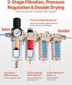 VEVOR Air Compressor Filter Regulator, 3/4" NPT 4-Stage 5μm & 0.3μm & 0.1μm & 0.1μm Air Drying System with Micron Filters & Double Desiccant Dryer, Auto Drain Air Compressor Water Separator 175PSI Max