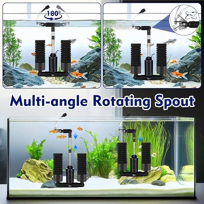 AQQA Electric Sponge Filter for Aquarium – Quiet USB Powered Breeding & Shrimp Filter with Bio Ceramic Media, Adjustable Air Intake & 360° Rotatable Outflow (110V Adapter Included) (S)