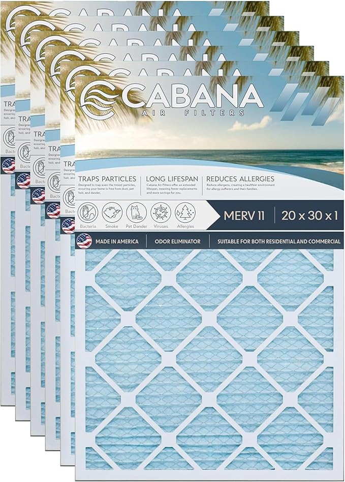 Cabana Filters 6-Pack 20x30x1 MERV 11 AC Furnace Air Filter for Home and Office - Indoor HVAC System Filtration Replacement, Captures Unwanted Particles