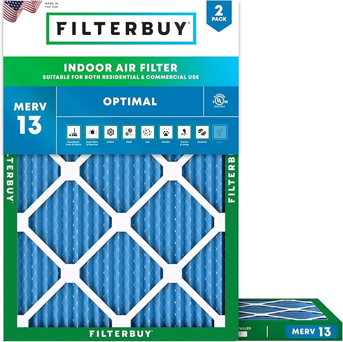 Filterbuy 19.5x24.5x1 Air Filter MERV 13 Optimal Smoke & Allergy Defense (2-Pack), Electrostatic Pleated HVAC AC Furnace Filters Replacement, Made in USA (Actual Size: 19.50 x 24.50 x 0.75)