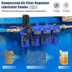 1/2" NPT Compressed Air Filter Regulator Lubricator Combo,Oil Water Separator,Brass Cartridge with Double Desiccant - Gauge(0-150 psi), Poly Bowl, Semi-Auto Drain, Bracket