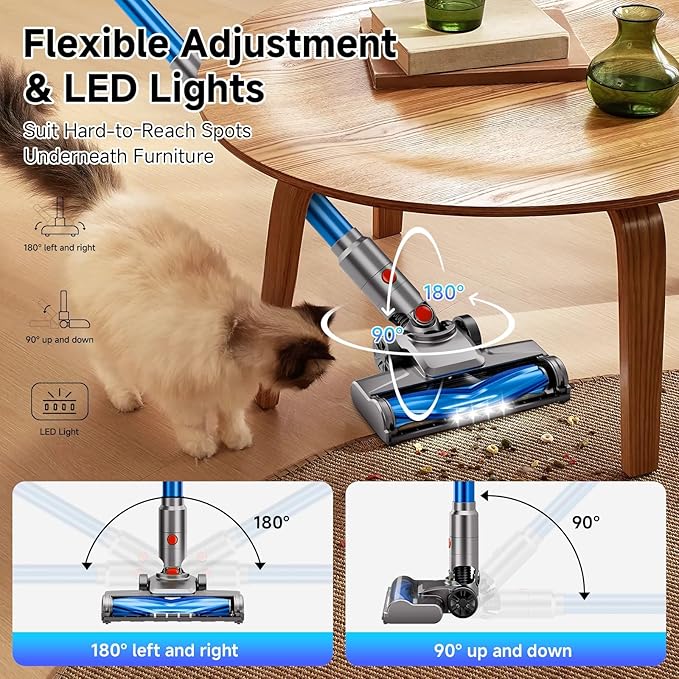 Cordless Vacuum Cleaner for Home, Powerful Stick Vacuum Cleaner with Rechargeable Battery, 6 in 1 Lightweight Handheld Vacuum, 45 Mins Runtime Cordless Vacuum for Hardfloor Carpets Pet Hair (Blue)