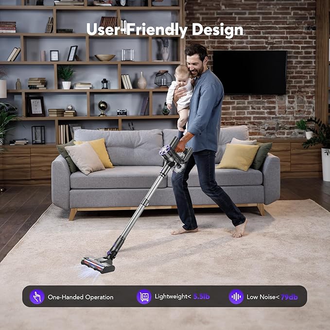 Cordless Vacuum Cleaner Rechargeable with 2600mAh Detachable Battery, Powerful Vacuums with 2 Adjustable Modes, Lightweight Portable Stick Vacuum for Home (Ink Purple)