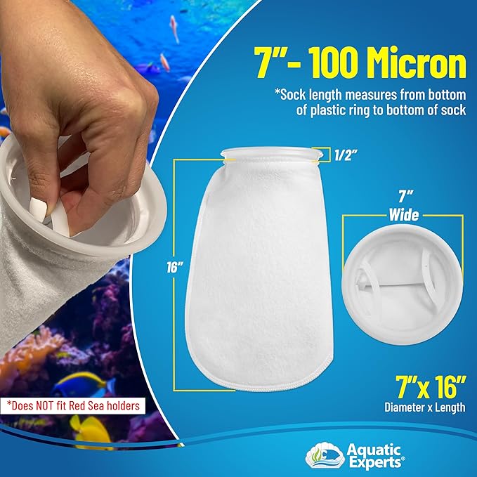 Aquatic Experts 7 Inch Filter Sock - 100 Micron Felt Filter Sock, Filter Socks for Saltwater Aquarium, Fish Tank Sump Filter Sock, Freshwater Aquarium Socks, Reef Filter Sock (7"x16", 10 Pack)