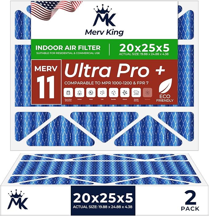 MervKing 20x25x5 Air Filter Actual Size: 19.88" x 24.88" x 4.38" MERV 11 MPR 1000-1200 | MADE IN USA | 2-Pack | Pleated HVAC AC Furnace Replacement