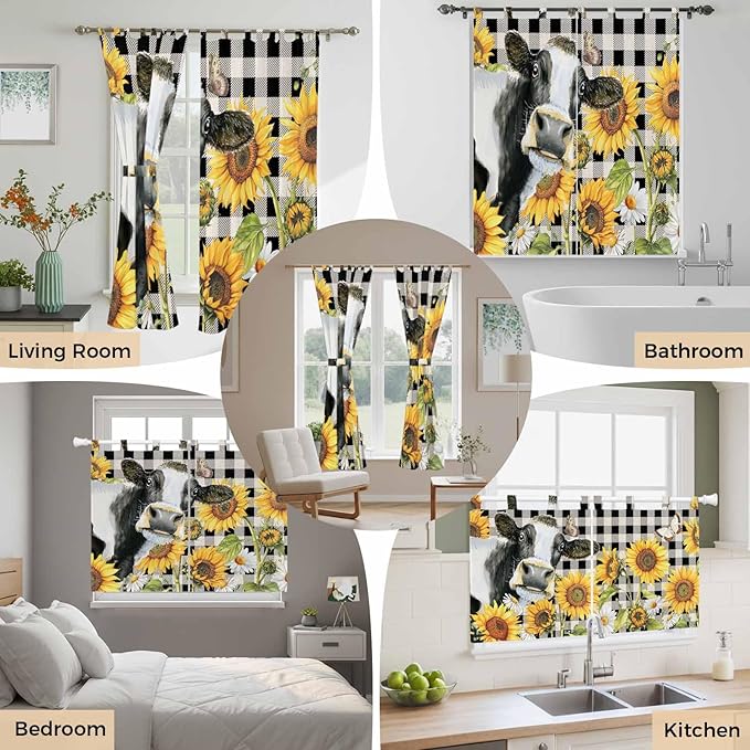 Retro Sunflowers Kitchen Curtains 36 Inch Length, Small Window Curtains Tab Top, Farmhouse Floral Cow Butterfly Black Plaid Light Filtering Short Window Treatments Tier Drapes 27.5"x36" 2 Panel