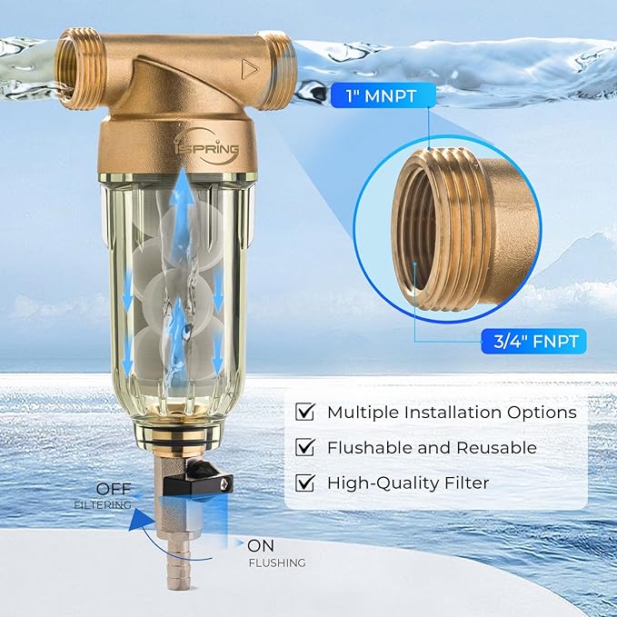iSpring WSP-500SL Reusable Whole House Spin Down Sediment Water Filter, Siliphos Helps Prevent Scale and Corrosion, 1" MNPT + 3/4" FNPT, 500 Micron