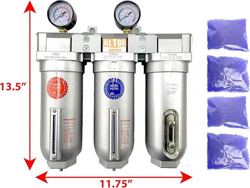 3/4" NPT SUPER DUTY Industrial Grade 3 Stages Filter Coalescing Desiccant Dryer System For Compressed Air Lines, Metal Bowls, Great For Paint Spray And Plasma Cutter (MANUAL DRAIN)