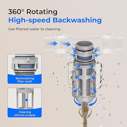Waterdrop Spin Down Sediment Filter, Backwash Whole House Water Filter System for City/Well Water, 100 Micron+500 Micron, 1" MNPT + 3/4" FNPT + 3/4" MNPT, Traps Sand, BPA Free