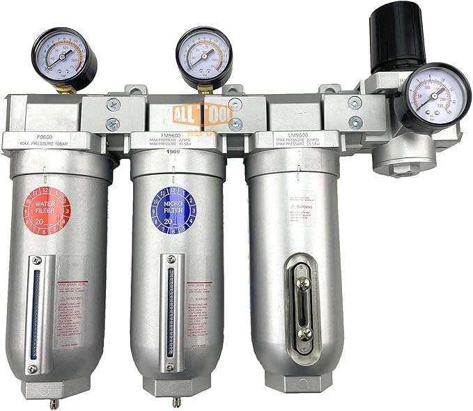 1" NPT SUPER DUTY Industrial Grade 4 Stages Filter Coalescing Desiccant Dryer Regulator System For Compressed Air Lines, Metal Bowls, Great For Paint Spray And Plasma Cutter (MANUAL DRAIN)