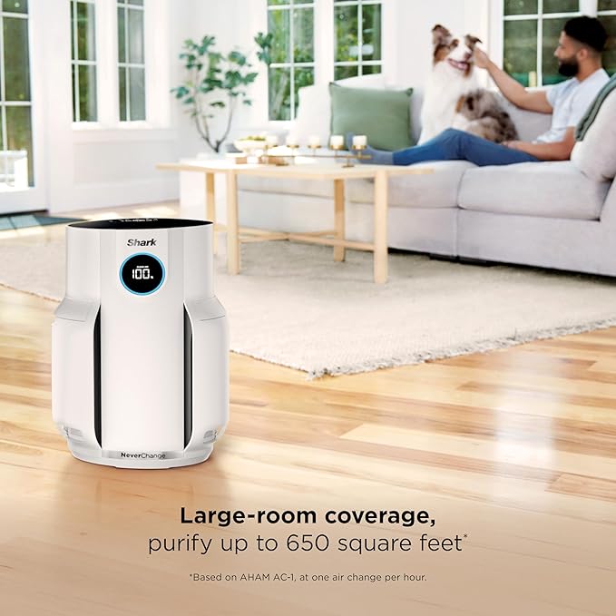 Shark Air Purifier for Home, NeverChange, for Large Room, Bedroom, Home Office, HEPA-Exceeding Filter, Captures Pollutants, Pet Dander, Dust, Odor, Smoke, and More, HP153, White