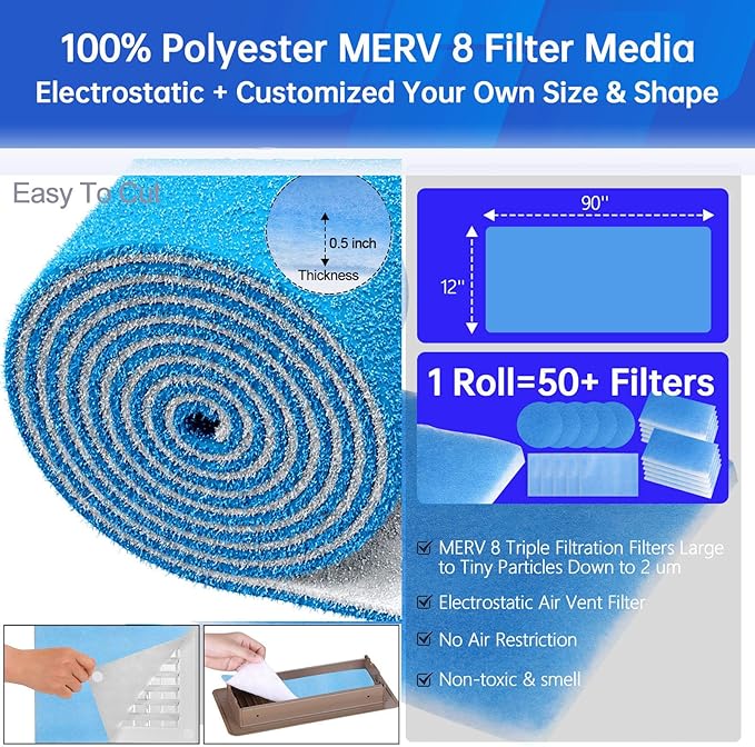 2 Rolls Air Filters 12x90, Cut to Size(100+Filters) MERV 8 Electrostatic Floor Vent Filter for Registers, RV, AC, Ceiling, Grilles and Wall HVAC Furnace Vents, 48PCs Adhesive Hook
