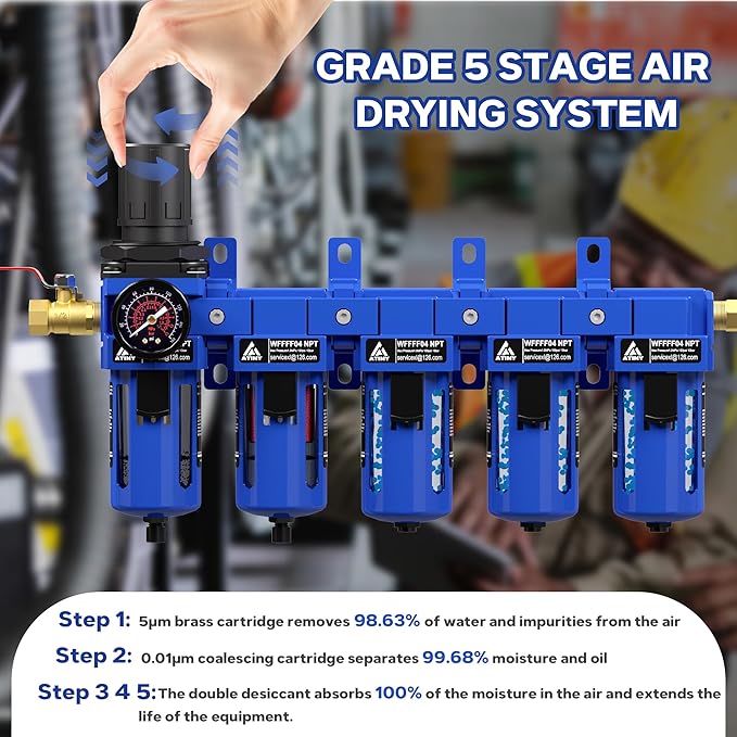 1/2'' NPT 5 Stage Air Dryer for Compressor,5&0.01 Micron Filter Cartridge Air Drying System,Double Desiccant Dryers & Air Regulator,Metal Bowl, Semi-Auto Drain,Industrial Grade-Blue