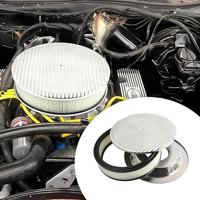 14 x 3 Inch Round Polished Air Cleaner Kit Fully Finned Top with Flat Style Base Compatible with Chevy Ford GM