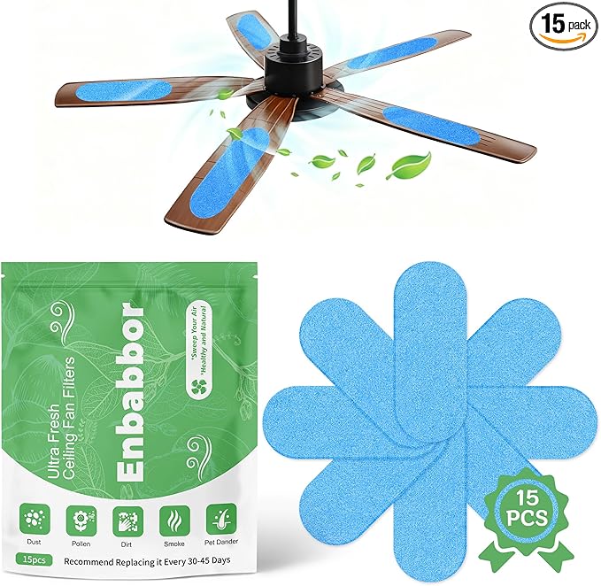 15Pcs Ceiling Fan Air Purifier Filters, Made with Coconut Shell Carbon to Trap Dust, Odors & Allergens | Unscented, Universal Fit for All Fan Blades