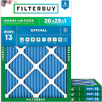 Filterbuy 20x25x1 Air Filter MERV 13 Optimal Smoke & Allergy Defense (4-Pack), Electrostatic Pleated HVAC AC Furnace Filters Replacement, Made in USA (Actual Size: 19.50 x 24.50 x 0.75)