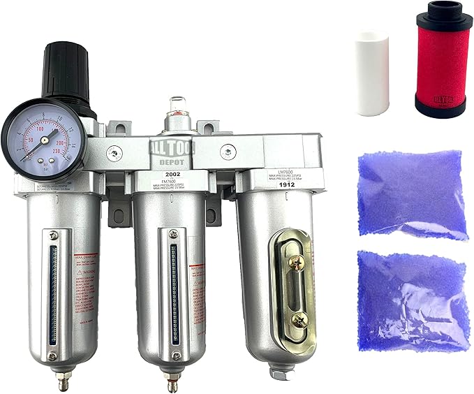 3 STAGE, HEAVY DUTY INDUSTRIAL GRADE FILTER REGULATOR COALESCING DESICCANT DRYER SYSTEM FOR COMPRESSED AIR LINE, METAL BOWLS, GREAT FOR PAINT SPRAY AND PLASMA CUTTER W/ELEMENTS(3/4"NPT, MANUAL DRAIN)