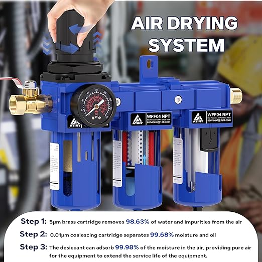 1/2 Inch NPT Three Stage Air Drying System,air Pressure Regulator with 5＆0.01 Micron Filter Cartridge，Desiccant Dryer & Air Regulator, Metal Bowl Manual Drainage-Blue