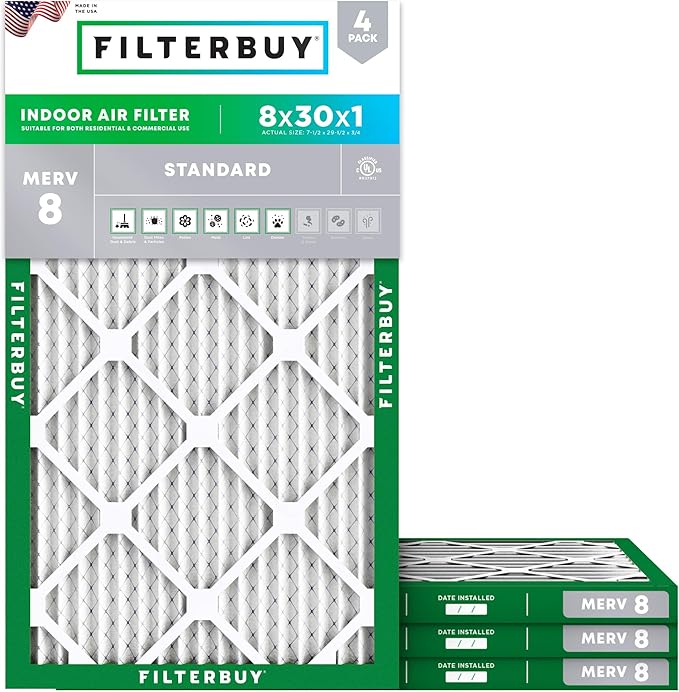 Filterbuy 8x30x1 Air Filter MERV 8 Essential Dust & Allergy Defense (4-Pack), Electrostatic Pleated HVAC AC Furnace Filters Replacement, Made in USA (Actual Size: 7.50 x 29.50 x 0.75)