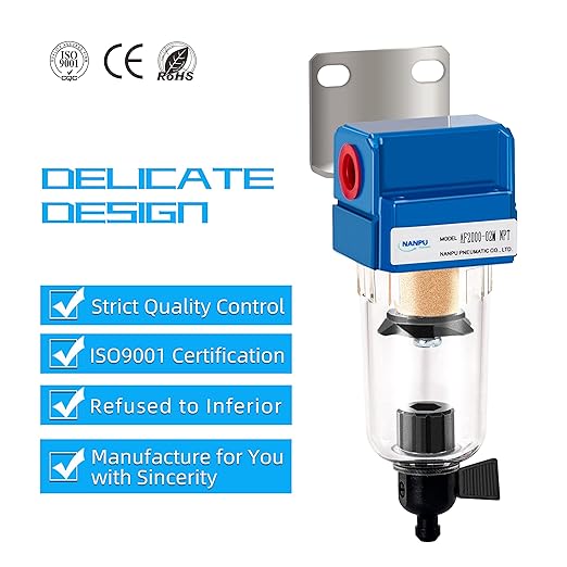 NANPU 1/4" NPT Compressed Air Line Filter, 5 Micron Brass Element, Manual Drain, Bracket, Poly Bowl, 145 PSI