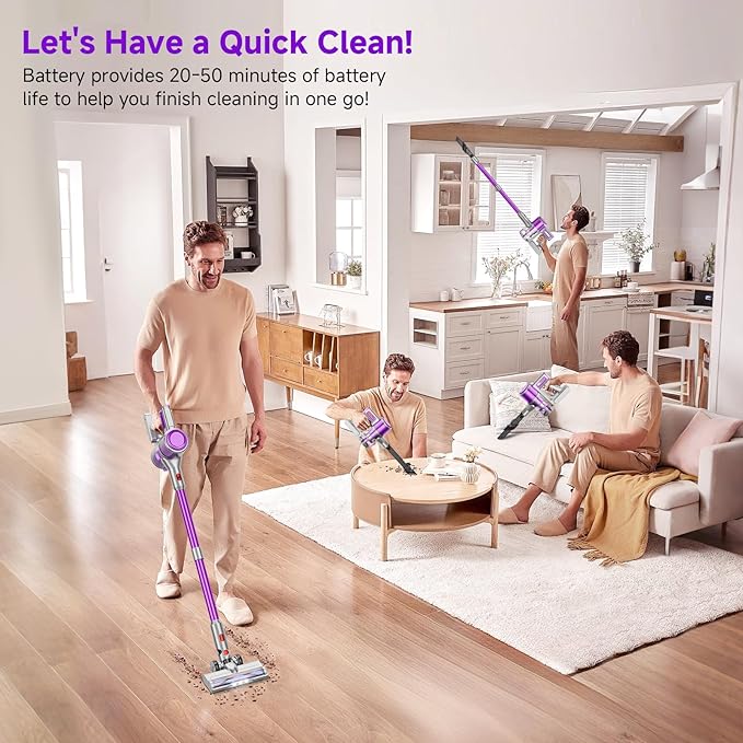 Cordless Vacuum Cleaner, 8 in 1 40Kpa 55Mins,Lightweight Vacuum Cleaners for Home, Stick Vacuum with Anti-Tangle Brush,Wall Mount, Rechargeable Cordless Vacuum for Floor/Sofa/Pet Hair,Purple