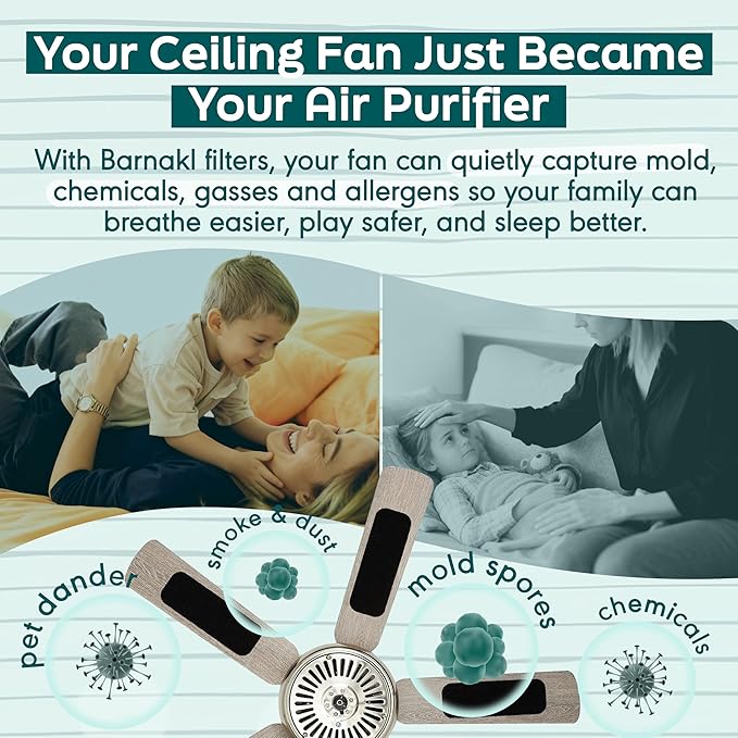 Ceiling Fan Air Purifier Pads, Activated Coconut Shell Carbon Fan Filters Trap Dust, Odors & Allergens, Easy-Stick Universal Fit for Ceiling Fan Blades, Odorless & Unscented - (5 Count)
