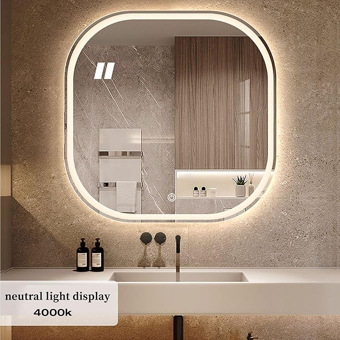 JSLJDM 500X500 mm Illuminated Backlit LED Bathroom Mirror, Wall Mounted Multifunction Bathroom Vanity Mirror with Lights and Demister Pad, Energy-Saving Illuminated Smart Mirror 60cm tricolorlight