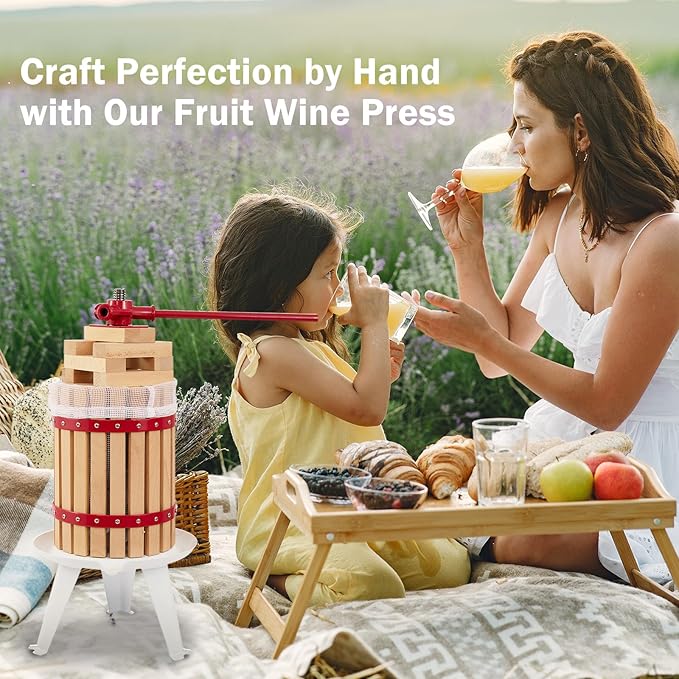 CAELUM Fruit Wine Press, 1.6 Gallon Wood Fruit and Cider Press Squeezer With T-Handle, Juice Maker, Wine Making Press Squeezer for Outdoor, Kitchen（Red）