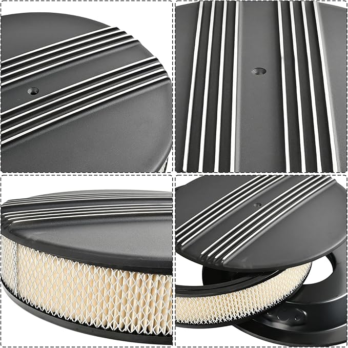 14 x 3 Inch Round Black Air Cleaner Kit Half Finned Drop Base Compatible with Chevy Ford GM