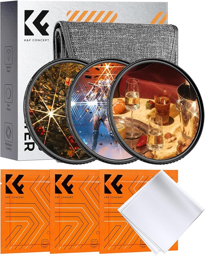 K&F CONCEPT 77mm Star Filters Kit (3 PCS) 4 Points 6 Points 8 Points Cross Screen Starburst Filters Set -18 Layer Coating Ultra Slim Optical Glass Camera Lens Filter with 3 Cleaning Cloth