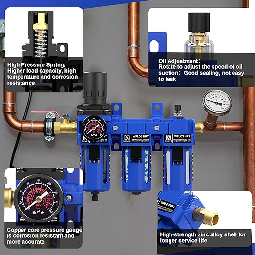 NEWPO 3/8" NPT Air Compressor Water Separator-Air Filter Regulator Lubricator Combo, Water/Oil Trap Separator,Brass Filter & Desiccant Dryers,Semi-Auto Drain,Metal Bracket-Blue